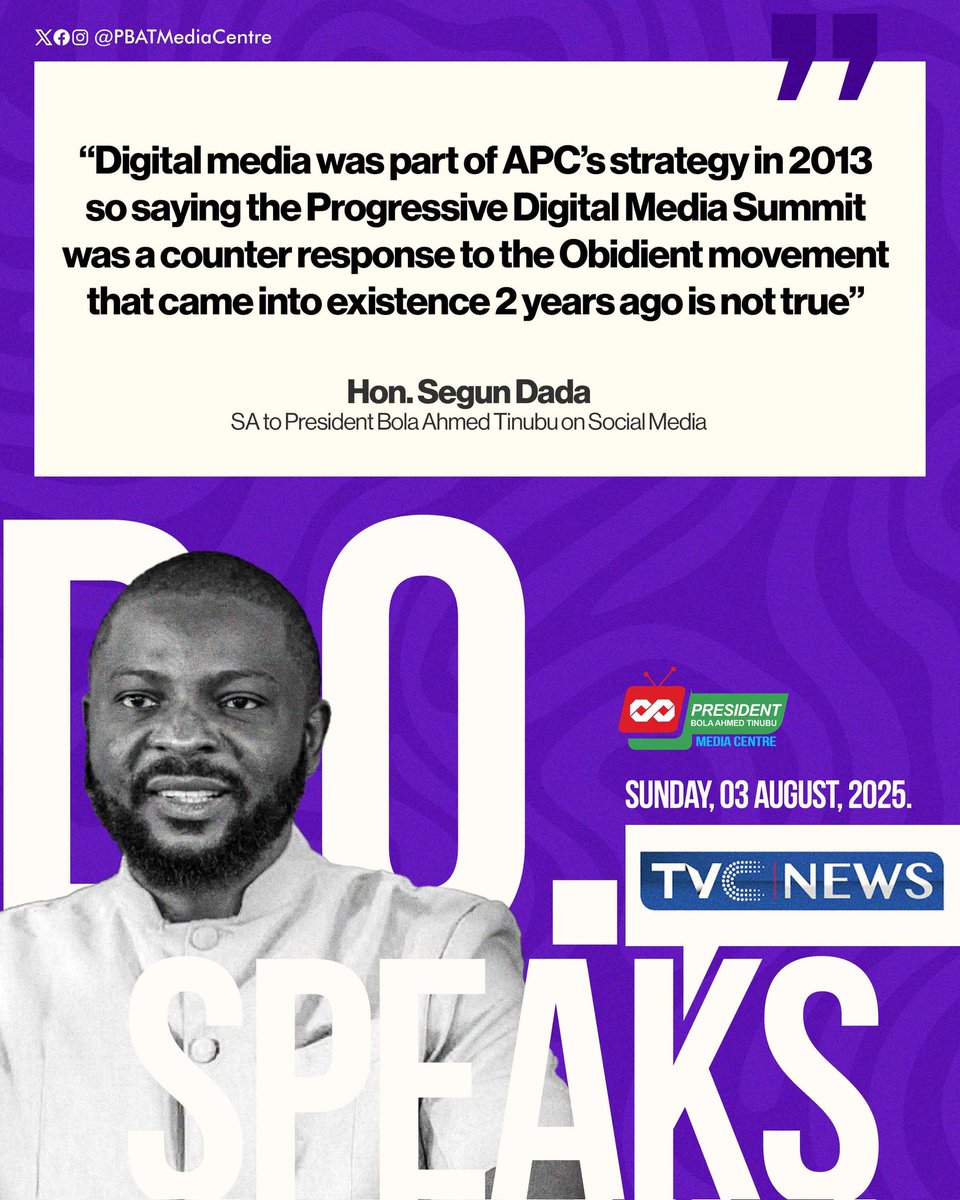 Office of the SA on Social Media to PBAT🇳🇬 (@dolusegun16) on Twitter photo “Digital media was part of APC’s strategy in 2013, so saying that the Progressive Digital Media Summit was a counter-response to the Obidient movement, which came into existence 2 years ago, is not true.”
- <a href="/DOlusegun/">Daddy D.O🇳🇬</a> on TVC Sunday Politics. “Digital media was part of APC’s strategy in 2013, so saying that the Progressive Digital Media Summit was a counter-response to the Obidient movement, which came into existence 2 years ago, is not true.”
- <a href="/DOlusegun/">Daddy D.O🇳🇬</a> on TVC Sunday Politics.