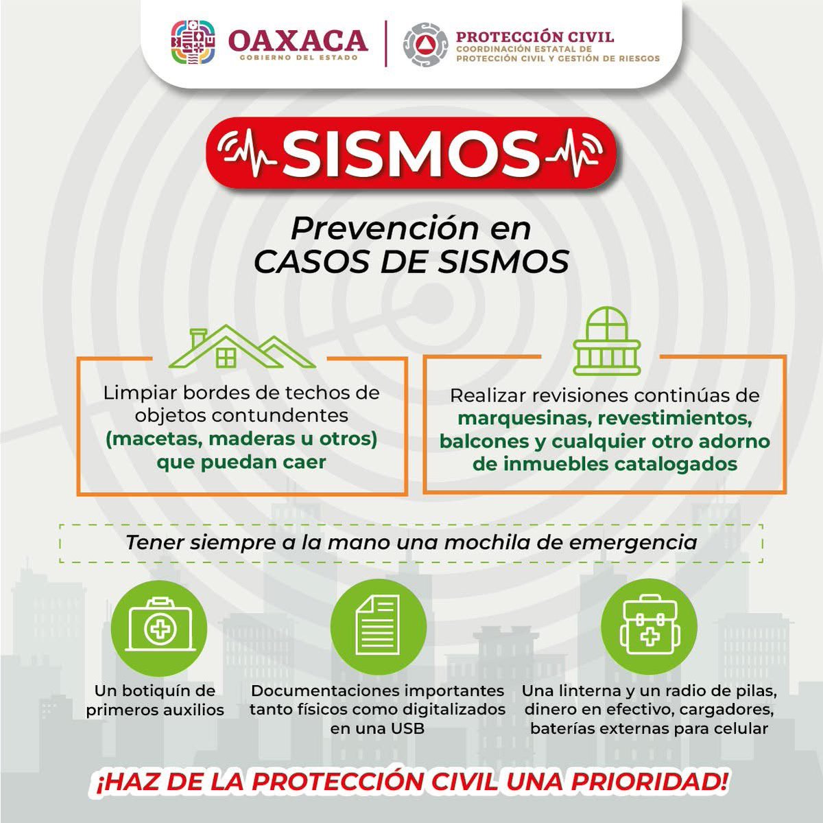 ¡Prepárate ante un sismo!
Identifica zonas seguras, ten lista tu mochila de emergencia, practica simulacros y ubica rutas de evacuación.

¡Prevenir salva vidas!

#proteccióncivilestatal
#TodosSomosProteccionCivil