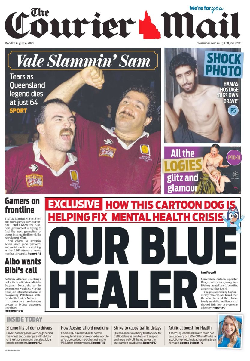 🇦🇺 Our Blue Healer

▫Unexpected mental health benefits of watching Bluey
Groundbreaking Aussie research reveals hit children’s show Bluey delivers more than entertainment — for kids and adults alike
▫<a href="/IanRoyall/">Ian Royall 🏍</a>

#frontpagestoday #Australia <a href="/couriermail/">The Courier-Mail</a>