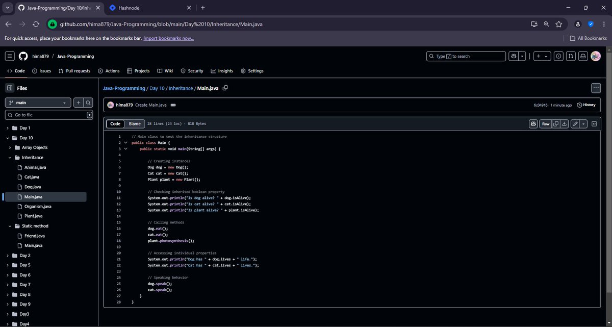 Himanshi1286's tweet image. 📦 Java Day 10 ✨
🧩 Arrays of Objects: Built My Own Garage 🚗
📌 Static Methods &amp;amp; Variables: Shared Power Unlocked 🧠
🧬 Inheritance: From Organism to Animal to Pet 🐾🌱
🛠️ OOP concepts clicked! Still showed up somehow 😤
#Java #100DaysOfCode #OOP #Inheritance #StaticInJava