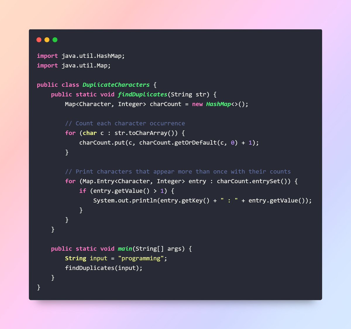 javainspires's tweet image. Java program that finds duplicate characters in a string and counts their occurrences. 
#Java #JavaProgramming #Coding #100DaysOfCode #Tech
