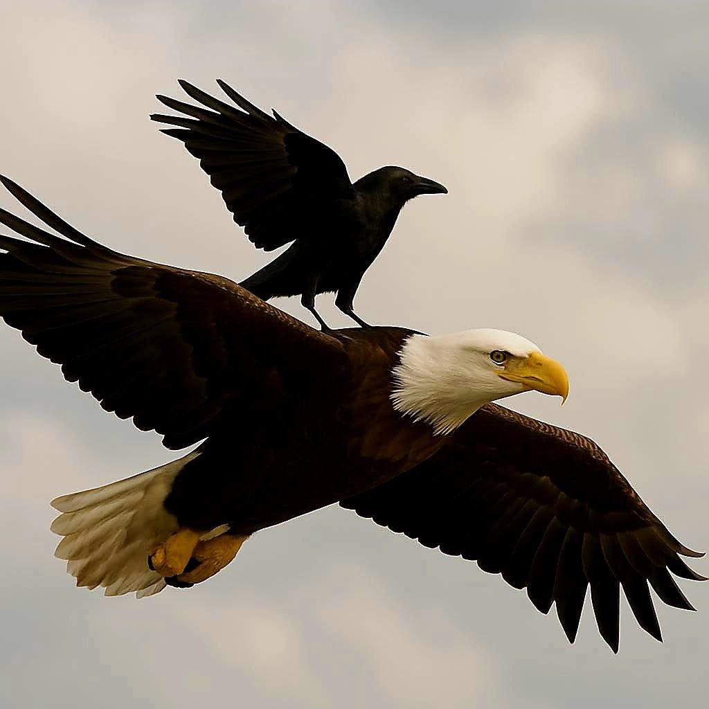 The Eagle and the Crow.  🦅🐦‍⬛
1.  The only Bird that dares to attack and Eagle…is a Crow.
It jumps on the eagles back, pecking at its neck— loud, relentless, annoying.
 2.  But the eagle?  It doesn’t waste time  fighting back.  It  doesn’t flap.  Doesn’t argue.  Doesn’t even