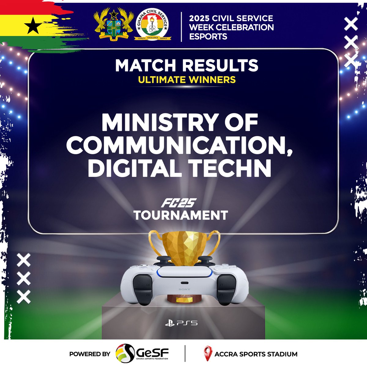 GhanaeSports's tweet photo. Grand Finals ππππ
Congratulations @samgeorgegh department @MoCDTI communication digital technology and innovation
Winner π₯ Ministry of Communication Digital Technology and innovation ππ½
#GhanaEsports #GESF #EAFC25 #CivilServiceWeek #GhanaEsportsFederation https://t.co/sCP4oAoD2N