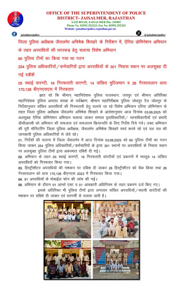 Jaisalmer Police (@jaisalmerpolice) on Twitter photo जिला पुलिस अधीक्षक जैसलमेर अभिषेक शिवहरे के निर्देशन में,ऐरिया डोमिनेशन अभियान के तहत अपराधियों की धरपकड़ हेतु चलाया विशेष अभियान,60 पुलिस टीमों का किया गया था गठन,254 पुलिस अधिकारियों/कर्मचारियों द्वारा अपराधियों के 301 निवास स्थान पर दी गई दबीशें
<a href="/PoliceRajasthan/">Rajasthan Police</a>
<a href="/Igp_Jodhpur/">Jodhpur Range Police</a> जिला पुलिस अधीक्षक जैसलमेर अभिषेक शिवहरे के निर्देशन में,ऐरिया डोमिनेशन अभियान के तहत अपराधियों की धरपकड़ हेतु चलाया विशेष अभियान,60 पुलिस टीमों का किया गया था गठन,254 पुलिस अधिकारियों/कर्मचारियों द्वारा अपराधियों के 301 निवास स्थान पर दी गई दबीशें
<a href="/PoliceRajasthan/">Rajasthan Police</a>
<a href="/Igp_Jodhpur/">Jodhpur Range Police</a>