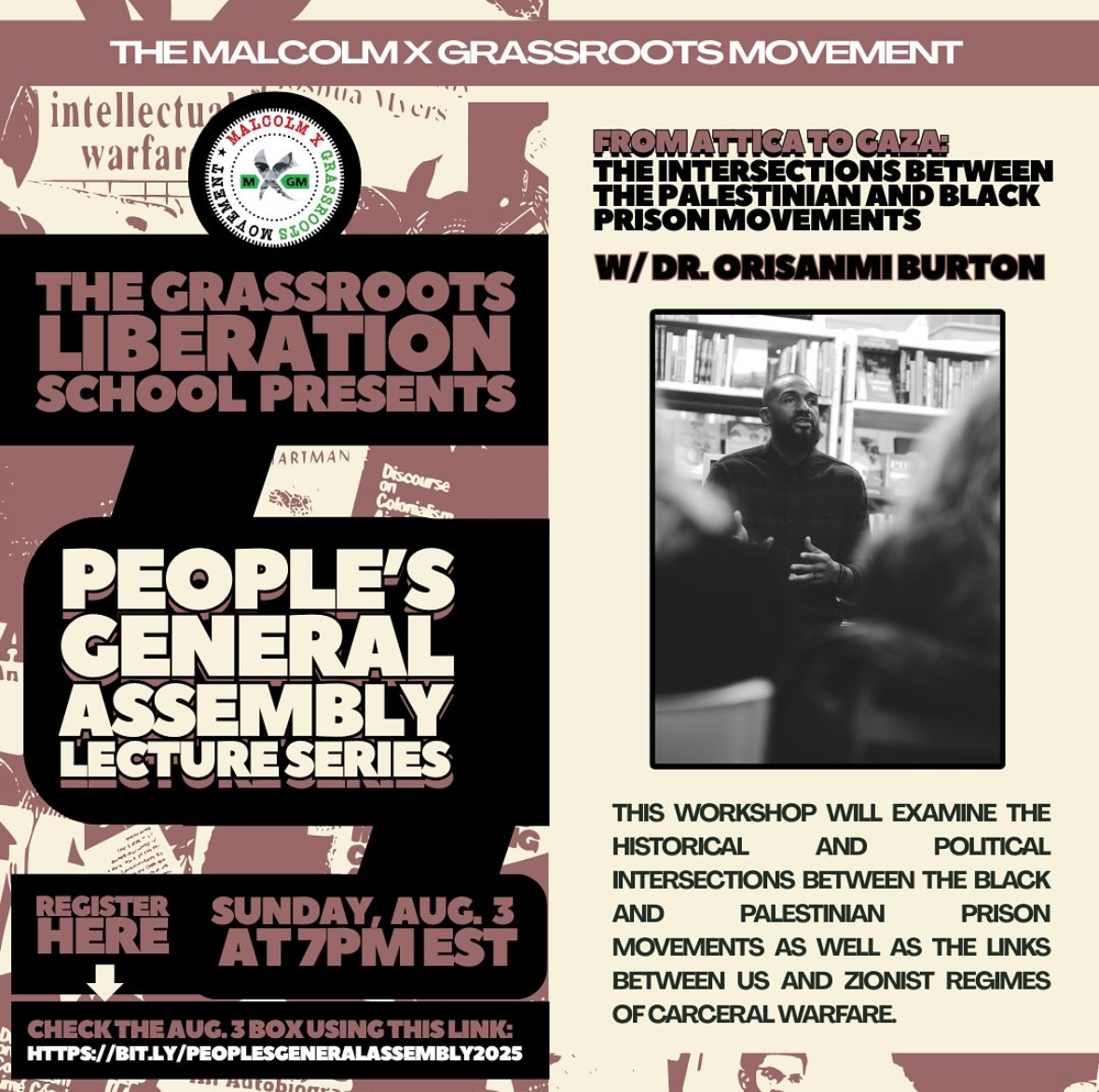 Orisanmi Burton (@orisanmi) on Twitter photo Tonight at 7pm EST I'll be linking up with <a href="/MXGMNational/">Free The Land! By Any Means Necessary!</a> to commemorate Black August Resistance by discussing the intersections of the Black and Palestinian prison movements. Register Here: us02web.zoom.us/webinar/regist… Tonight at 7pm EST I'll be linking up with <a href="/MXGMNational/">Free The Land! By Any Means Necessary!</a> to commemorate Black August Resistance by discussing the intersections of the Black and Palestinian prison movements. Register Here: us02web.zoom.us/webinar/regist…
