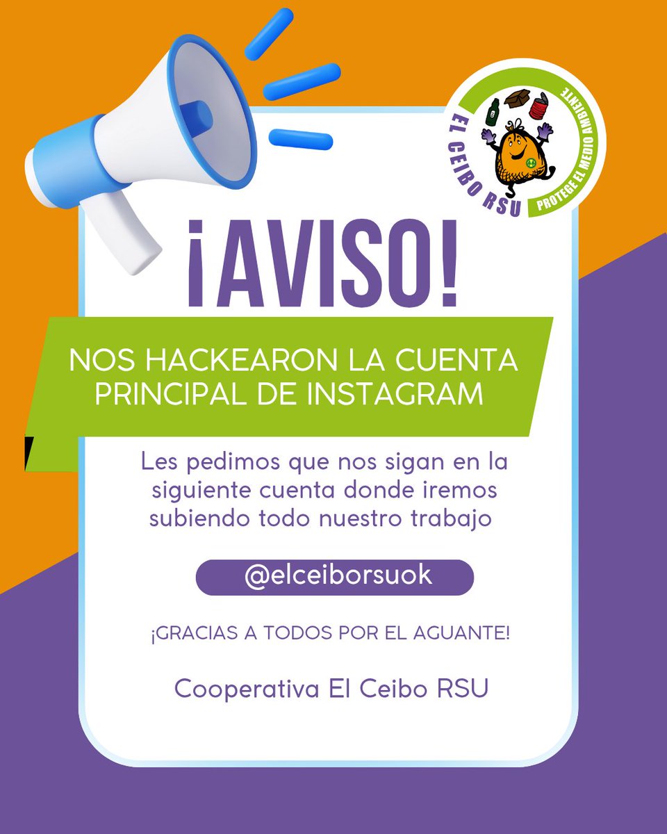 ATENCIÓN ‼️📣

Nos hackearon la cuenta principal de Instagram <a href="/elceiborsu/">elceibo</a>

Mientras tratamos de recuperarla, les pedimos si nos pueden seguir en @elceiborsuok

Gracias a todos! Seguimos a pesar de las adversidades