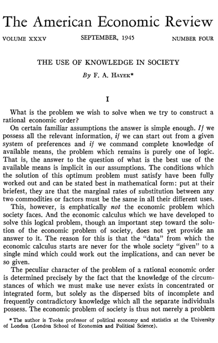 "The Use of Knowledge in Society" by F. A. Hayek
