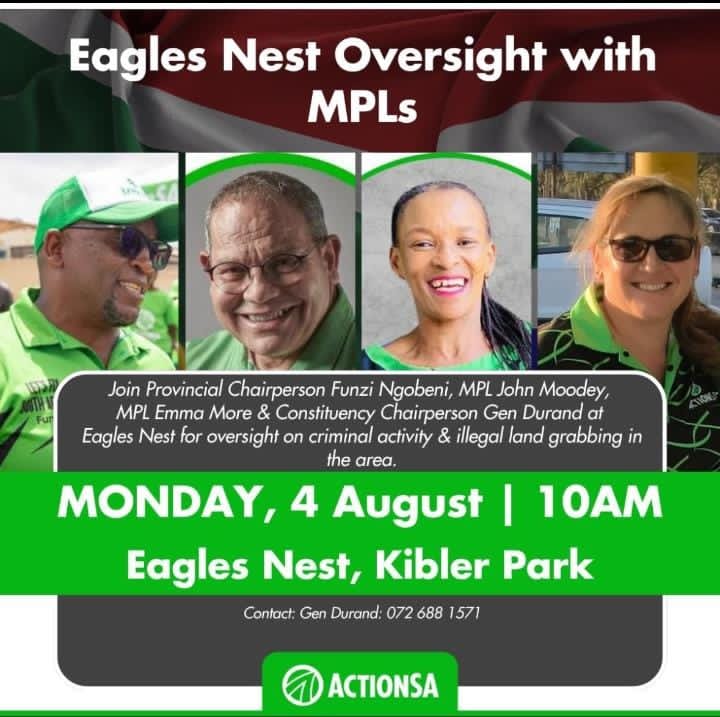 We don't just talk it, but ActionSA lives, breathes and implements service delivery in all communities.

Come join us tomorrow at the Eagles Nest and tell us what your community needs are. ActionSA's here to serve YOU, the resident

#MakingGovernmentWork4U