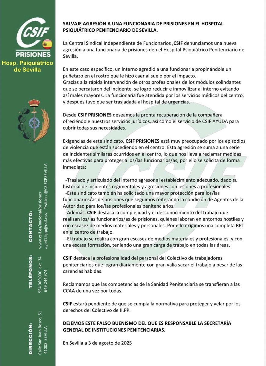 #Prisiones | CSIF Prisiones Sevilla denuncia una salvaje agresión a una funcionaria en el Hospital Psiquiátrico Penitenciario 
csif.es/es/noticia/por…

#SevillaHoy #Sevilla