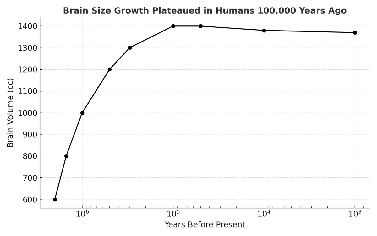 2/
🧠 Human brain size tripled over 2 million years but, despite what you may have thought, brain size plateaued around 100,000 years ago.
Why did human brain size stop growing?
And what does it mean for our long-term survival as a species?
