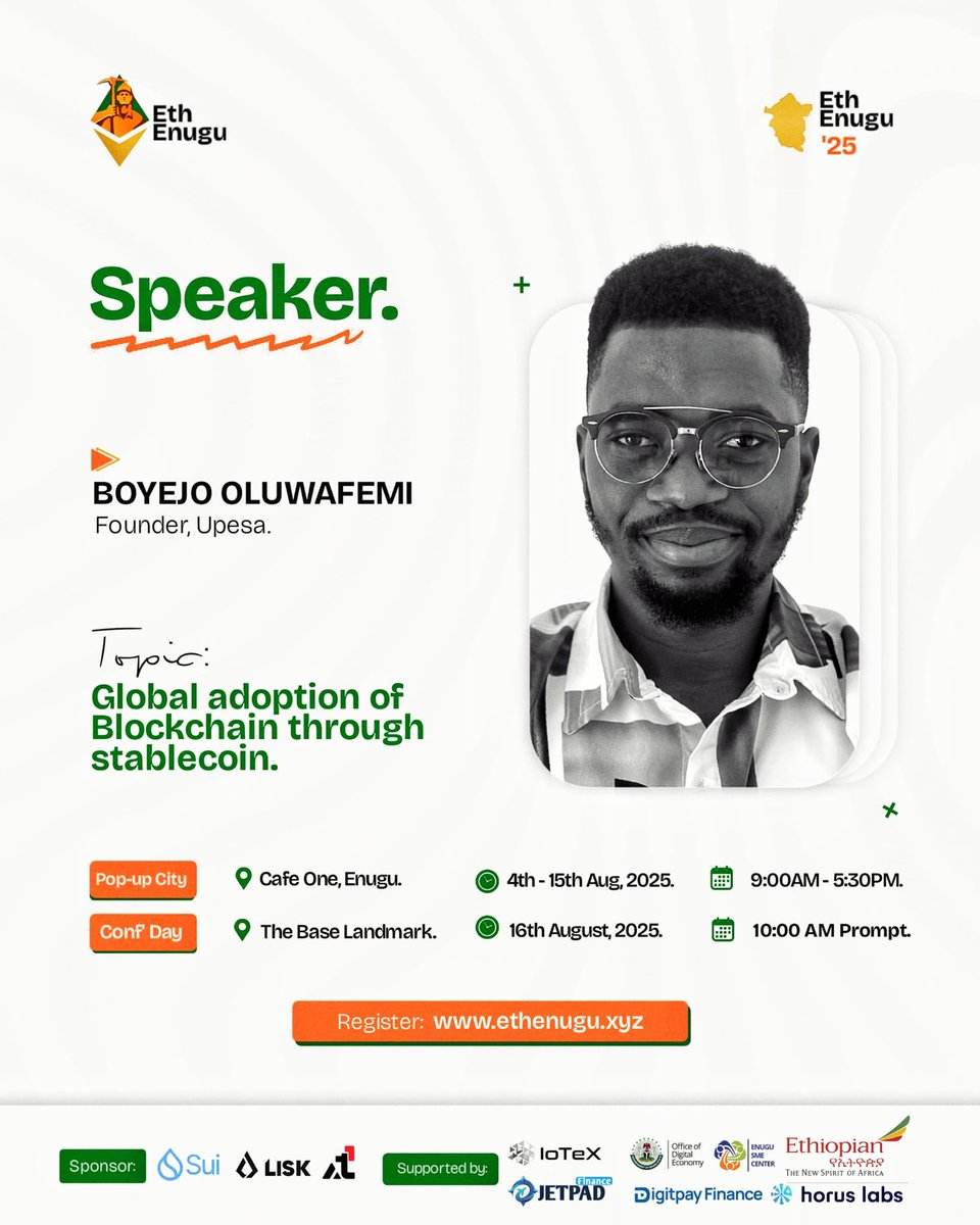 Eth_Enugu's tweet photo. @LivingCisco is an exceptional player in the engineering and tech industry. He founded @UpesaHQ and it's a pleasure to have him speak at Eth Enugu'25 conference.

He will speak on the Global Adoption of Blockchain Through Stablecoin.

Blockchain expert? Enthusiast? No worries.
 Register. Apply to speak: https://t.co/8PIYKlj1RL