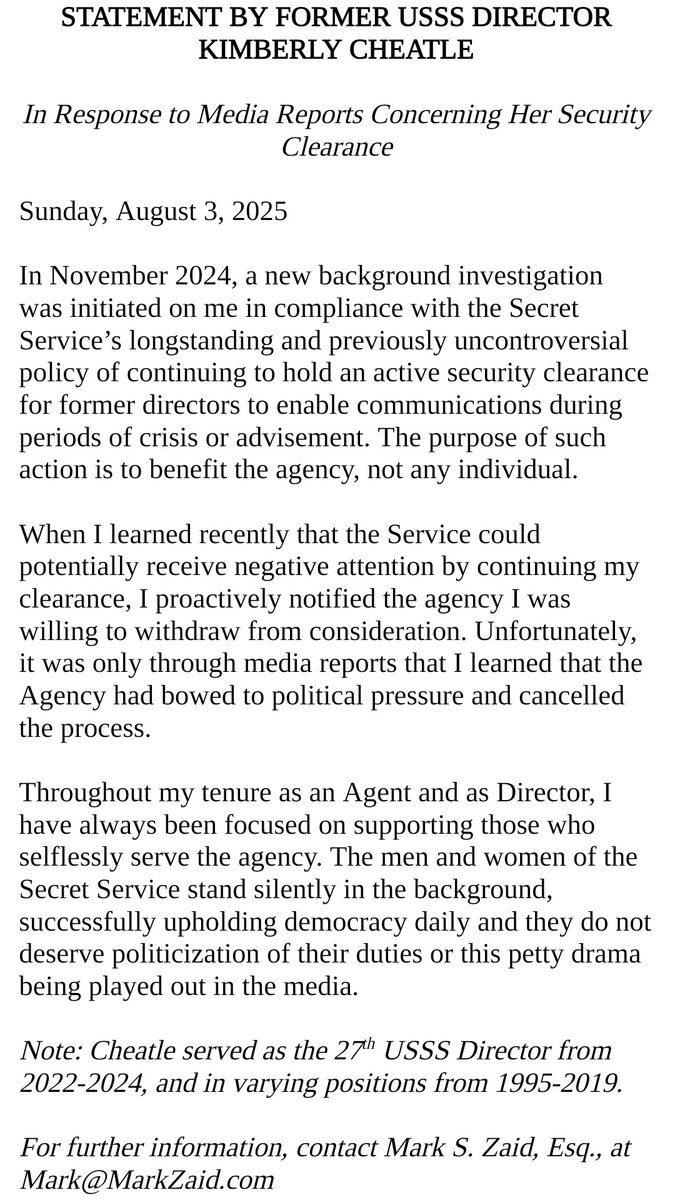 Mark S. Zaid (@markszaidesq) on Twitter photo Statement from former USSS <a href="/SecretService/">U.S. Secret Service</a> Director Kimberly Cheatle regarding latest reports concerning her #securityclearance.
For more information, contact me as her legal counsel. Statement from former USSS <a href="/SecretService/">U.S. Secret Service</a> Director Kimberly Cheatle regarding latest reports concerning her #securityclearance.
For more information, contact me as her legal counsel.