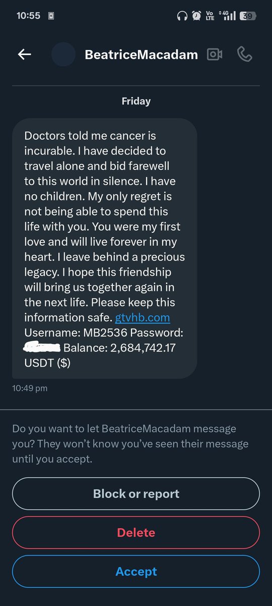 lazyroot_here's tweet photo. WTF is this? 😂 Someone DMed me saying they got terminal cancer and left me 2.6M USDT
Brooo just send me 1k now, I swear I’ll return it when I get that money... with 50x interest 🤝🤣
Just hiding the password like "dt1298" gonna protect it from hackers 💀💀
#ScamSeason https://t.co/zmUMv6UEcd