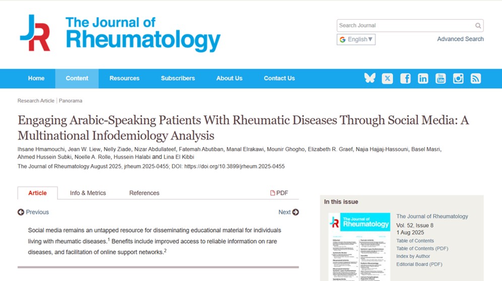Nelly ZIADE 🍀 (@nellziade) on Twitter photo 💫 New Pub
🔥 Proud to share the work of our outstanding multinational team!
📢 Engaging Arabic-Speaking Patients With Rheumatic Diseases Through Social Media
📚 A <a href="/groupaaaa/">المجموعة العربية للتوعية بالأمراض الروماتيزمية</a> publication — leading the way in #RMD awareness in #Arabic
🔗doi.org/10.3899/jrheum… 💫 New Pub
🔥 Proud to share the work of our outstanding multinational team!
📢 Engaging Arabic-Speaking Patients With Rheumatic Diseases Through Social Media
📚 A <a href="/groupaaaa/">المجموعة العربية للتوعية بالأمراض الروماتيزمية</a> publication — leading the way in #RMD awareness in #Arabic
🔗doi.org/10.3899/jrheum…
