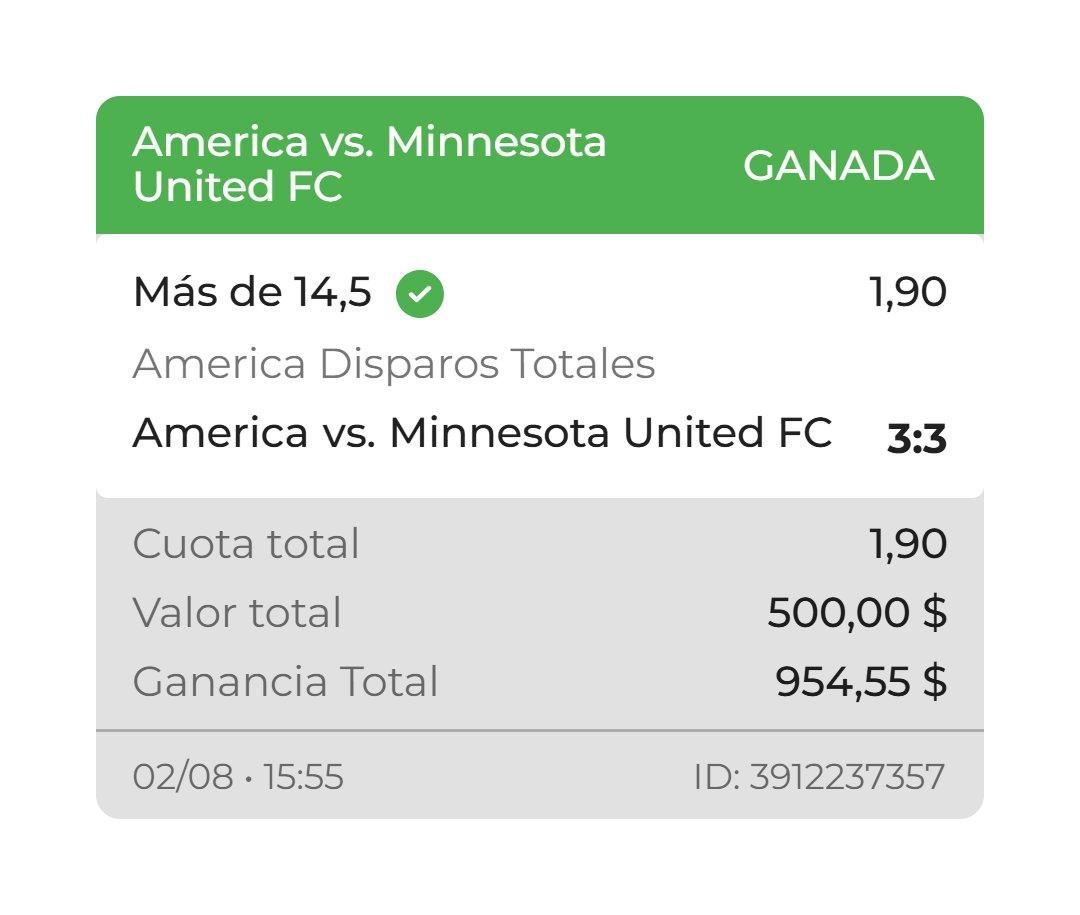 MIKLO APP (@mikloapp) on Twitter photo ✅ ¡GANAMOS EL PICK! ✅
América Over 14.5 disparos 💥
Momio de 1.90 CAYÓ SIN SUDAR 💸
¿Tú también lo metiste o te lo perdiste?
Sigue mis jugadas con el código MIKLO
🎯 Regístrate: micasino.com/?pc=MIKLO
Y no olvides seguir a <a href="/Micasinocom/">MiCasino.com | Apuestas deportivas</a> pa' que no te los cuenten 🔥
#LeaguesCup ✅ ¡GANAMOS EL PICK! ✅
América Over 14.5 disparos 💥
Momio de 1.90 CAYÓ SIN SUDAR 💸
¿Tú también lo metiste o te lo perdiste?
Sigue mis jugadas con el código MIKLO
🎯 Regístrate: micasino.com/?pc=MIKLO
Y no olvides seguir a <a href="/Micasinocom/">MiCasino.com | Apuestas deportivas</a> pa' que no te los cuenten 🔥
#LeaguesCup