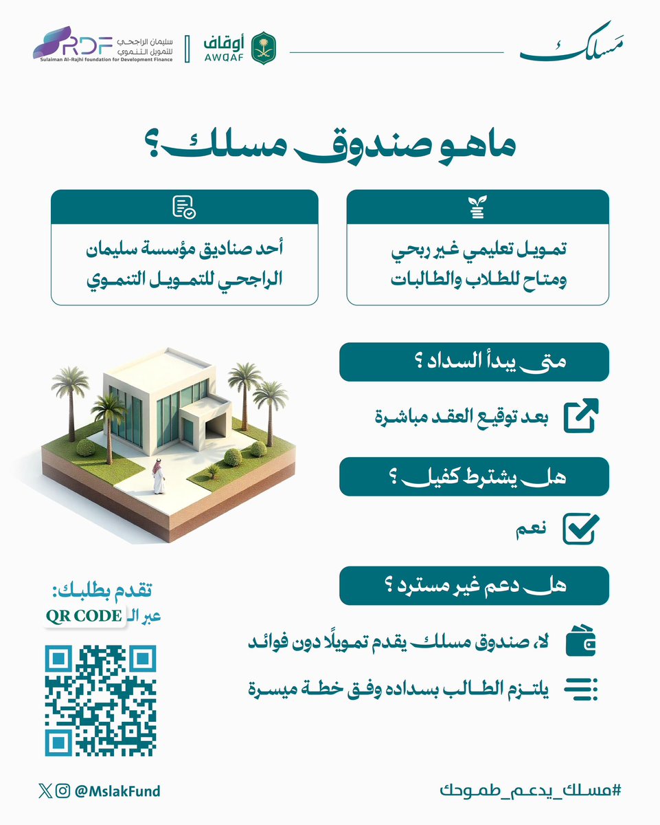 📚
بدأ التقديم على صندوق #مسلك التعليمي، اللي يُعتبر فرصة مميزة وخدمة مجتمعية عظيمة، يساعدك في دراسة البكالوريوس أو الماجستير في الجامعات الحكومية والأهلية #بدون_فوائد وبأقساط ميسرة جداً يستمر سدادها لسنوات بعد التخرج، وشروط التقديم سهلة أيضاً.

تقدر تقدّم عليهم إذا حاب تدرس في