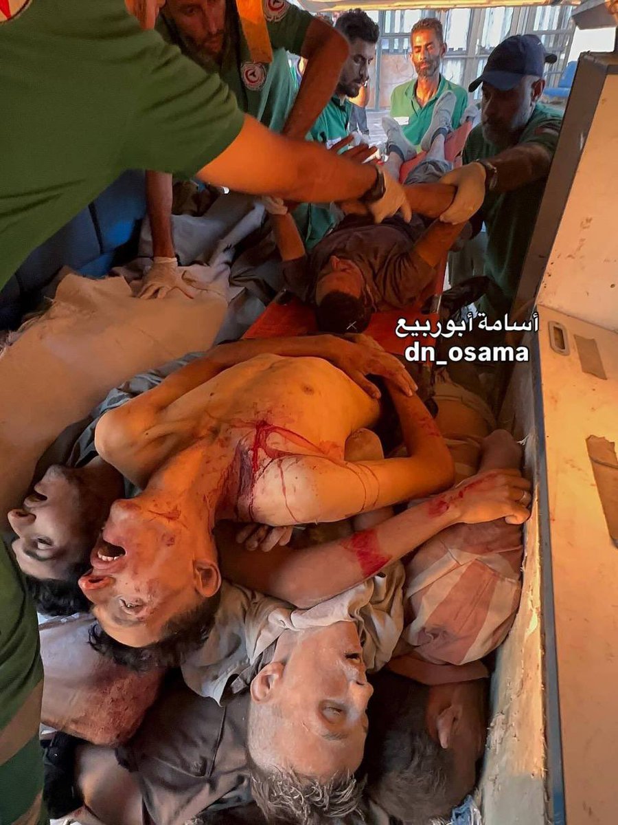 Dozens of bodies of starving Palestinians, slaughtered by Israeli forces while waiting for food in northern Gaza today, were transferred in a single ambulance due to fuel scarcity. Witnesses say Israeli tanks near the site fired directly at anyone trying to reach other bodies