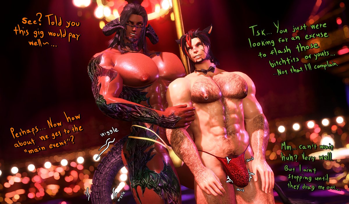 entwinedtailsAD's tweet photo. Arslan and Z'ahli are always looking for new gigs to make some quick gil, and what better way for a couple of exhibitioners than hosting a spicy night show for the distinguished gentlemen of Ul'dah?👀

- 🐱 https://t.co/PL3XQxlFTC