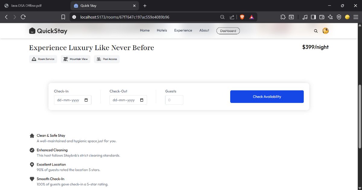 🛏️ Room Details Page: Done!
Completed the full room details page for QuickStay today:
✅ Image gallery
✅ Feature highlights
✅ Pricing &amp; reviews
✅ Check-in / Check-out UI

This one was fun to build. On to the next! 💻
#BuildInPublic #ReactJS #FrontendDev #WebDevelopment