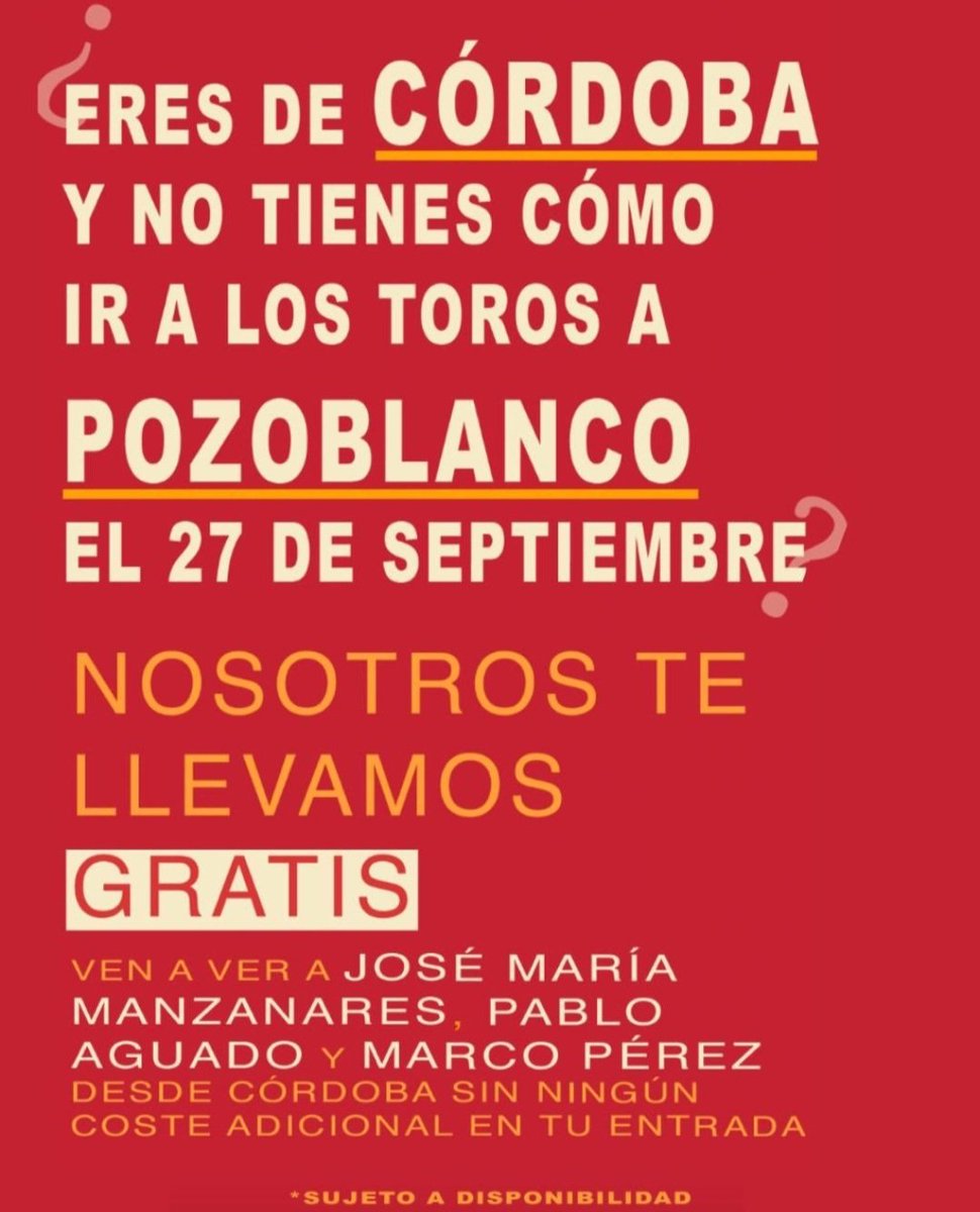 FERIA TAURINA DE POZOBLANCO 2025
Ya se pueden adquirir las entradas en torospozoblanco.com y en el teléfono 687 729 621

¡AUTOBUSES DESDE CÓRDOBA! ¡INFÓRMATE!

#Pozoblanco #Córdoba #Toros #Tauromaquia #CosodelosLlanos