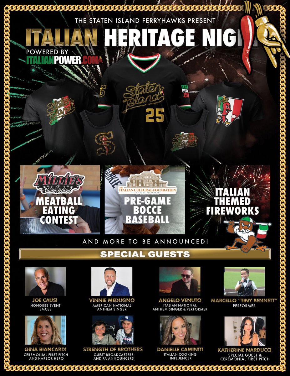 Staten Italy: Come see the #STATENISLAND GABAGOOLS (SI #FerryHawks) on Saturday, 8/9 for ITALIAN HERITAGE NIGHT! Pre-game #BOCCE, #MEATBALL EATING CONTEST; in-game FUN &amp; festivities, special guests, post-game #FIREWORKS. Sit with #CasaBelvedere here: gofevo.com/event/Casabelv…