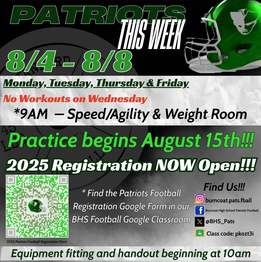 BHS_PATS's tweet photo. Practice starts August 15th. Football Calendar in Google Classroom. Equipment handout this week https://t.co/jSD4oDa6fg