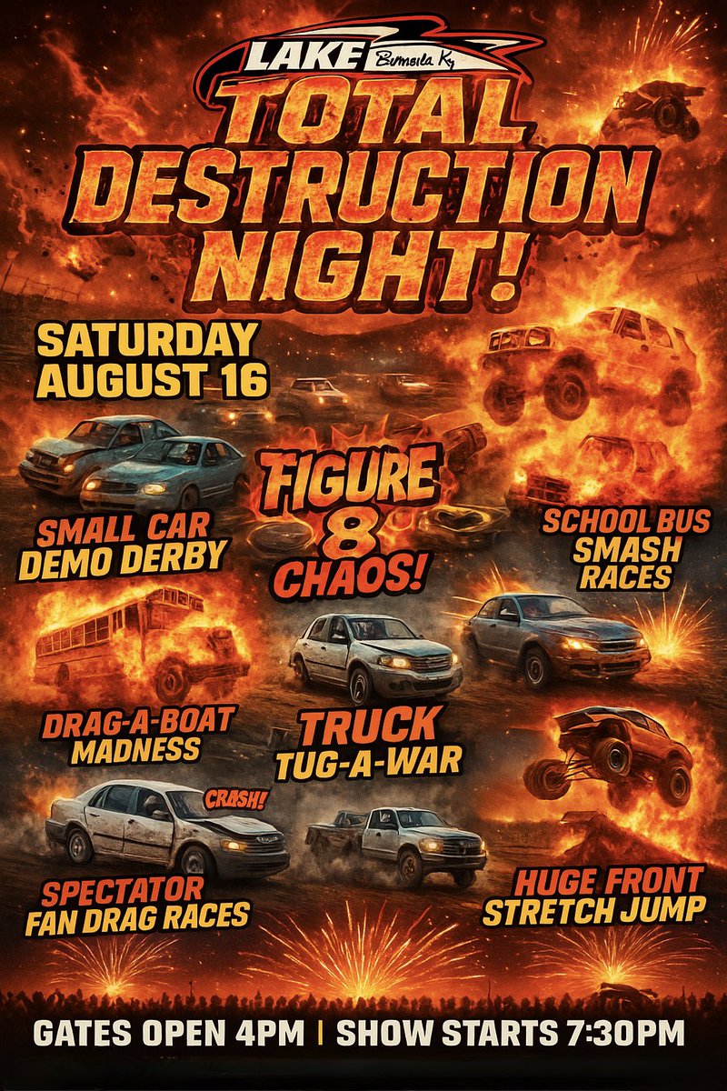 Up next Saturday August 16th 6pm #NightOfDestruction! 
School Bus Races
Small Car/SS Madness Figure-8 Demo Derby
ATV/UTV Drag Races
Truck Tug-A-War 
Boat Pull Races
HUGE Front Stretch Jump and Fireworks Finale! LCSPEEDWAY.NET