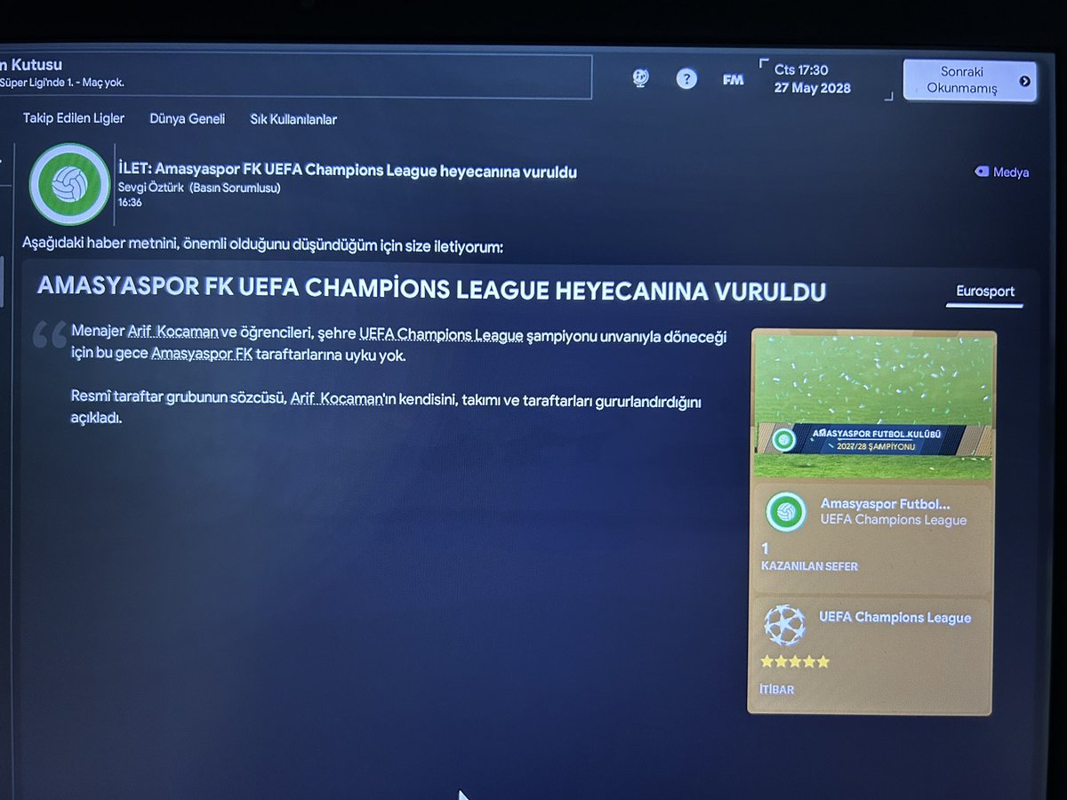 Amasyaspor FK bir imkansızı başararak Şampiyonlar Ligi şampiyonu oluyor. Hem de 2028 de.