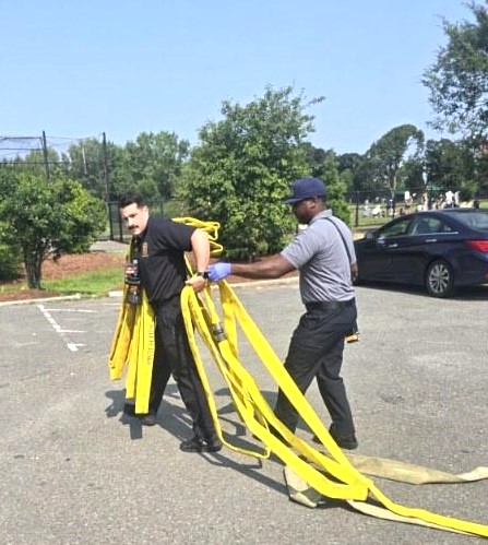First day in Company!
Engine 9 FFOP (firefighter on probation) Ferri, with FF Burke &amp; LT Thorne-Bingham runs through a pump ops &amp; hose deployment drill at the Magazine Beach drill site. 
Today is FFOP Ferri's 1st day at Engine 9.
Duty: Group 4