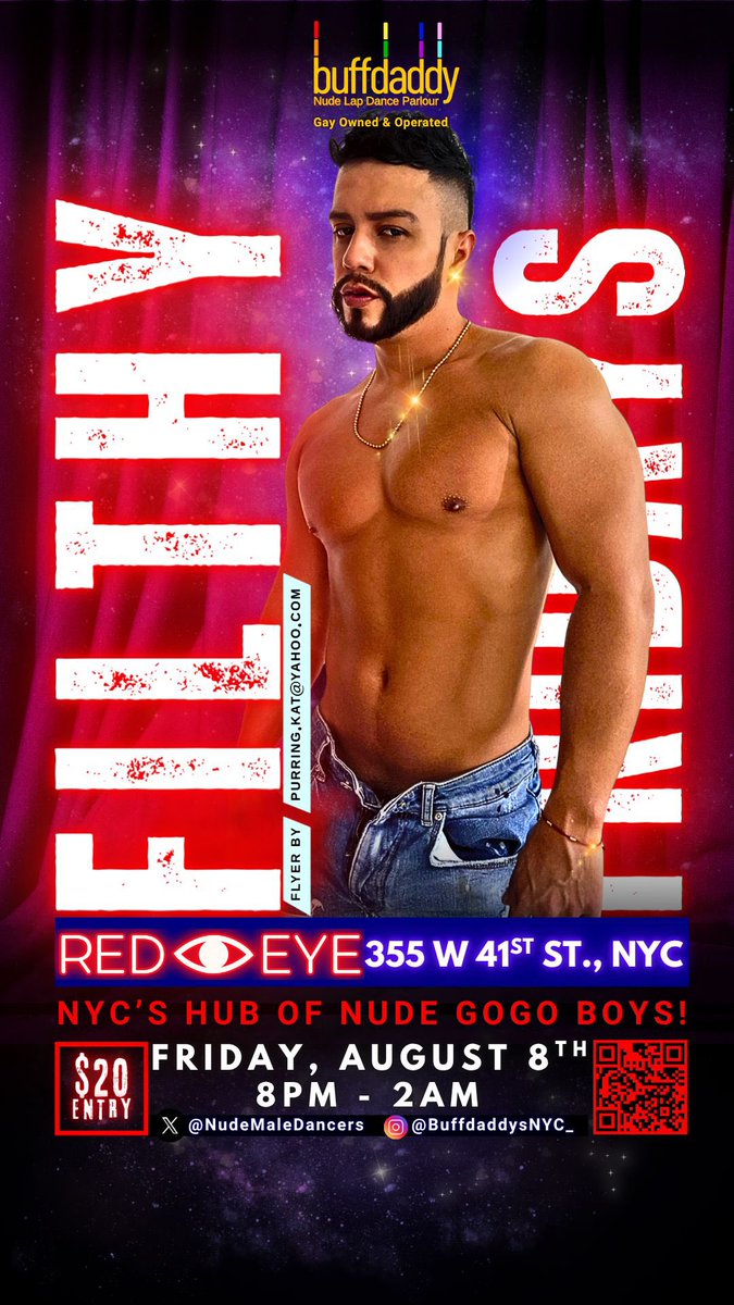 🛑Friday Evening! 
Filthy Friday, this week at RedEye 8PM-2AM
📌355 W 41st, Hell’s Kitchen, NYC. Downstairs at <a href="/thecockpitnyc/">The Cockpit</a> 
Live Nude Male Dancers. 
Hosted by <a href="/nudemaledancers/">BUFFDADDYS USA</a>