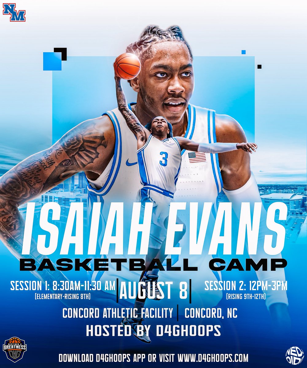 Come support North Meck’s own Isaiah Evans at his first youth basketball camp with D4G Hoops! 🏀 <a href="/IsaiahEvans26/">Isaiah Evans</a> 

📍Spots are limited — register by Wednesday! <a href="/northmeckbball/">North Meck Hoops</a> 
🔗 basketball.exposureevents.com/248141/isaiah-…

#IsaiahEvans #D4GHoops #BasketballCamp #TrainWithTheBest #DukeBasketball