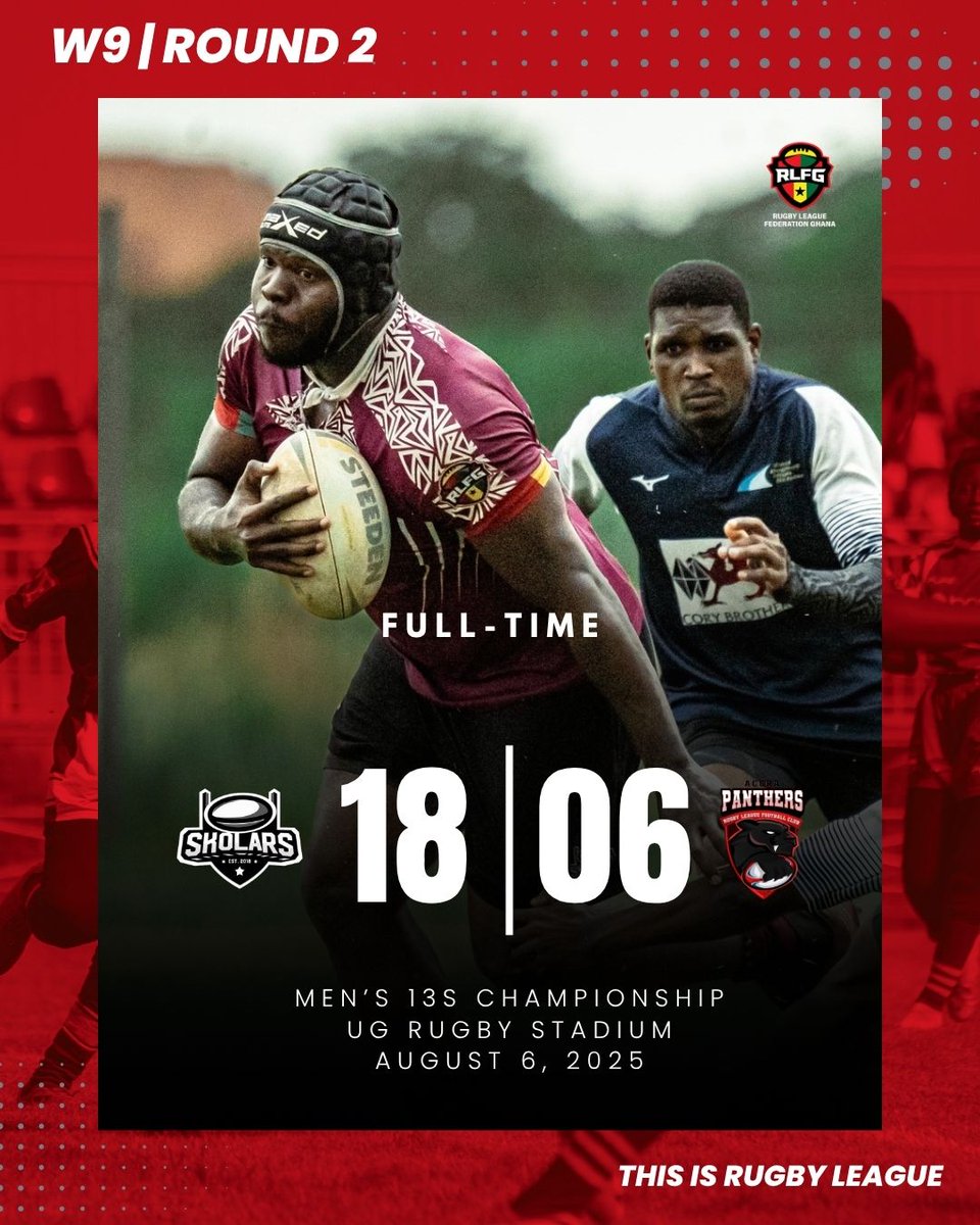 Rugby League Federation Ghana (@ghanarl) on Twitter photo π Week 9 Results Are In!
Two fierce battles. One thrilling Sunday. π₯
<a href="/DragonsRL_gh/">Dragons Rugby League Club</a> edge Titans, <a href="/GhSkolarsRugby/">Ghana Skolars Rugby League Club</a> bounce back strong!
The race to the top is heating up! π₯
#RLFG13s #Week9 #ThisIsRugbyLeague #OurLeague π Week 9 Results Are In!
Two fierce battles. One thrilling Sunday. π₯
<a href="/DragonsRL_gh/">Dragons Rugby League Club</a> edge Titans, <a href="/GhSkolarsRugby/">Ghana Skolars Rugby League Club</a> bounce back strong!
The race to the top is heating up! π₯
#RLFG13s #Week9 #ThisIsRugbyLeague #OurLeague