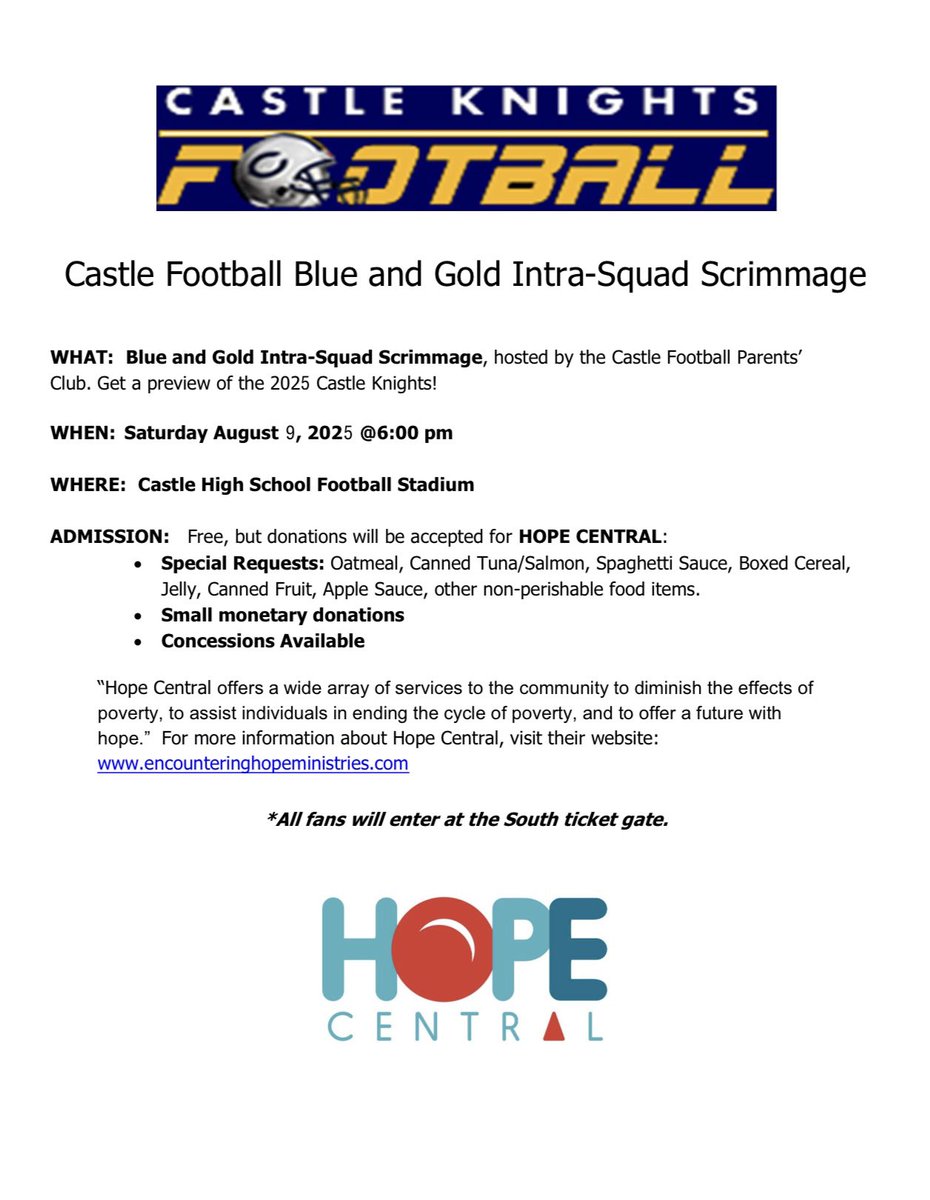 Castle Football’s Blue &amp; Gold Scrimmage information. Come out and get the first look at the 2025 Castle Football team! #GoKnights