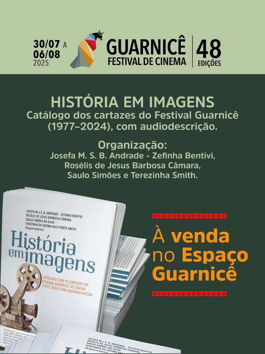 cineguarnice's tweet photo. 📖✨ Uma viagem no tempo através das artes visuais do Festival Guarnicê!

O catálogo História em Imagens reúne todos os cartazes do festival, de 1977 a 2024, com audiodescrição, um registro precioso da nossa memória cinematográfica.

À venda no Espaço Guarnicê durante o festival! https://t.co/F5BGTOr72o