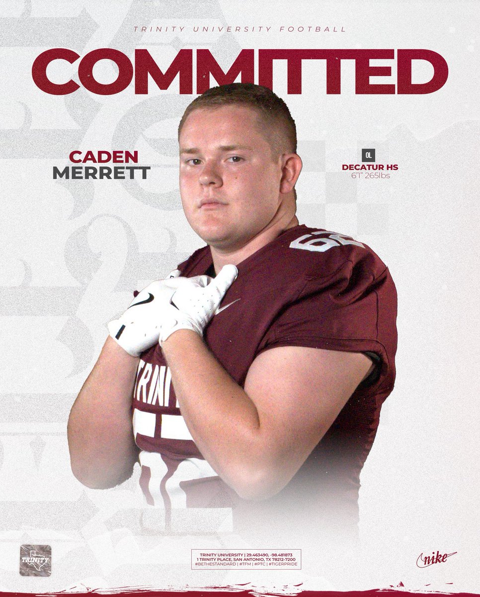 CadenMerrett62's tweet image. Today I am excited to announce my commitment to continue my football career as a Trinity Tiger!  All thanks to God for directing my path and guiding me to this decision.  So thankful for @JerhemeUrban83 , @CoachLytal , and @CoachGezella for the belief in me and the opportunity.