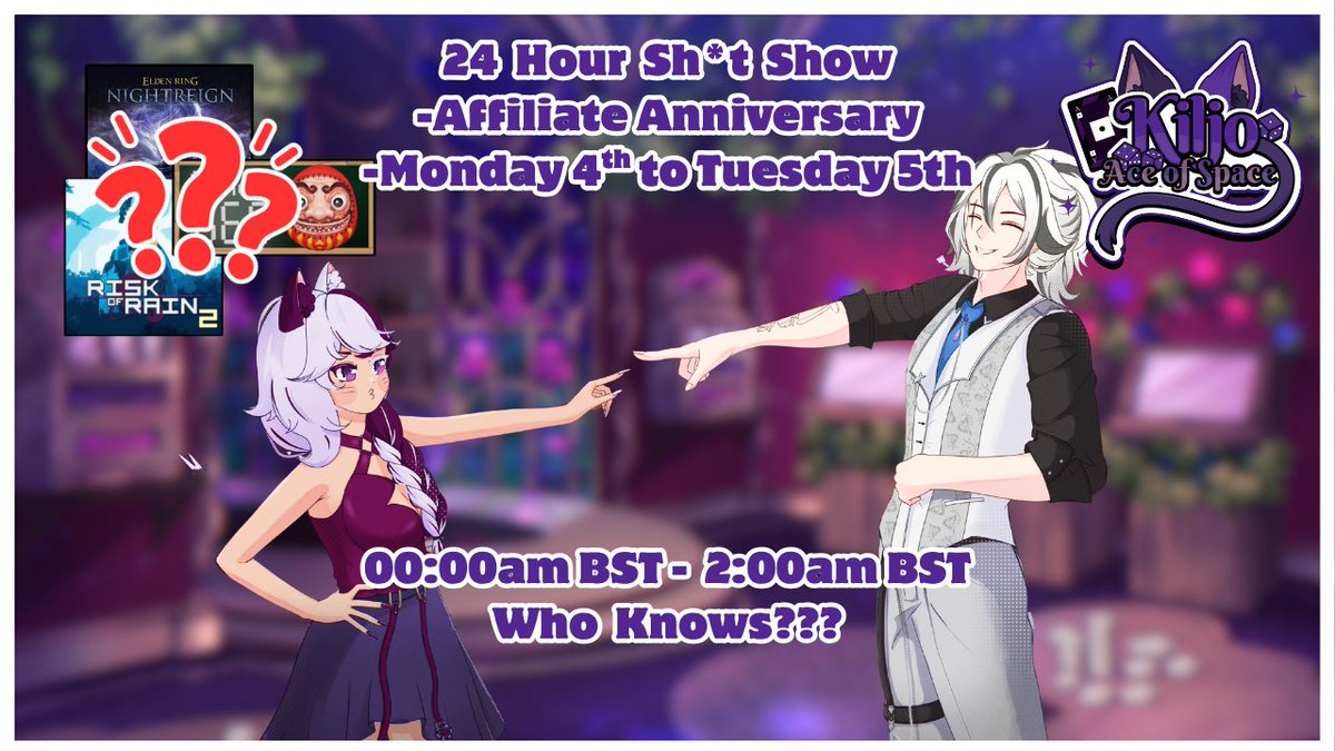 Kiljó Kitten ENVtuber ⚔️AVALON🏳️⚧️ (@kiljovt) on Twitter photo The seven remaining segments for my 24 hour stream this week are as follows!
Tuesday 5th: from 00:00 BST to 02:00 BST I'll be playing ???? something with <a href="/HikaruKamiVT/">Hikaru Kami | 🔖 | ⚔️Avalon</a> The seven remaining segments for my 24 hour stream this week are as follows!
Tuesday 5th: from 00:00 BST to 02:00 BST I'll be playing ???? something with <a href="/HikaruKamiVT/">Hikaru Kami | 🔖 | ⚔️Avalon</a>