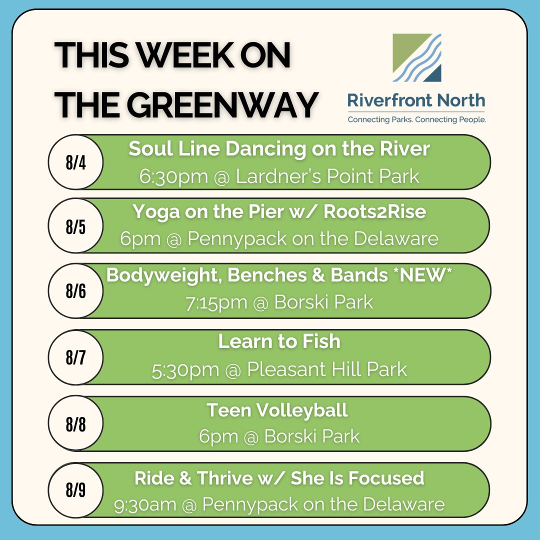 After this past week's mega heatwave, it's back to our regularly scheduled programming! See you along the riverfront for some free outdoor fun this week 🌞

Sign up at riverfrontnorth.org/events