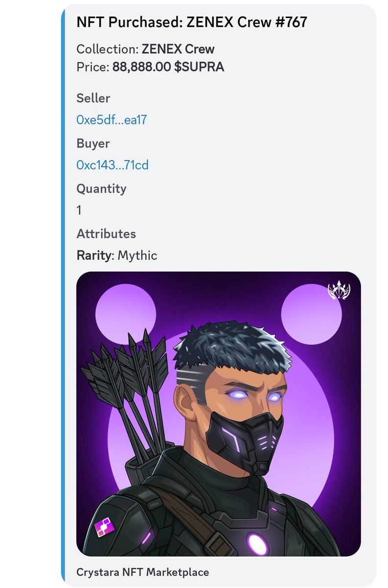 poiturex420 (@poiturex69) on Twitter photo Mythic <a href="/ZenexCrew/">Zenex Crew</a> just sold for 88888 $supra 
That's almost 20x mint price ๐คฏ Mythic <a href="/ZenexCrew/">Zenex Crew</a> just sold for 88888 $supra 
That's almost 20x mint price ๐คฏ