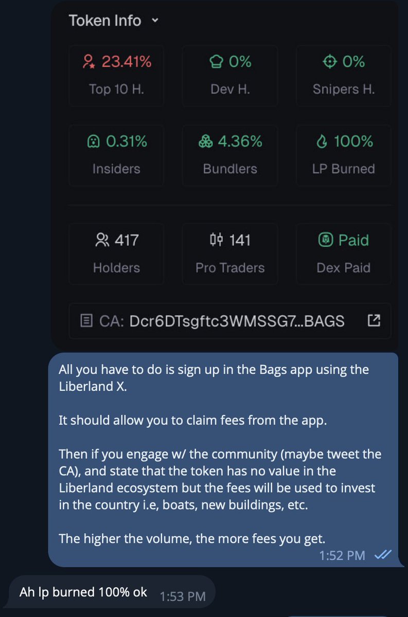 Talking to a Liberland rep rn.

Shared details of <a href="/BagsApp/">BAGS</a>, and what this community is trying to do for Liberland. <a href="/finnbags/">FINN</a> is changing the trenches one token at a time.

Will update as I get more info.
