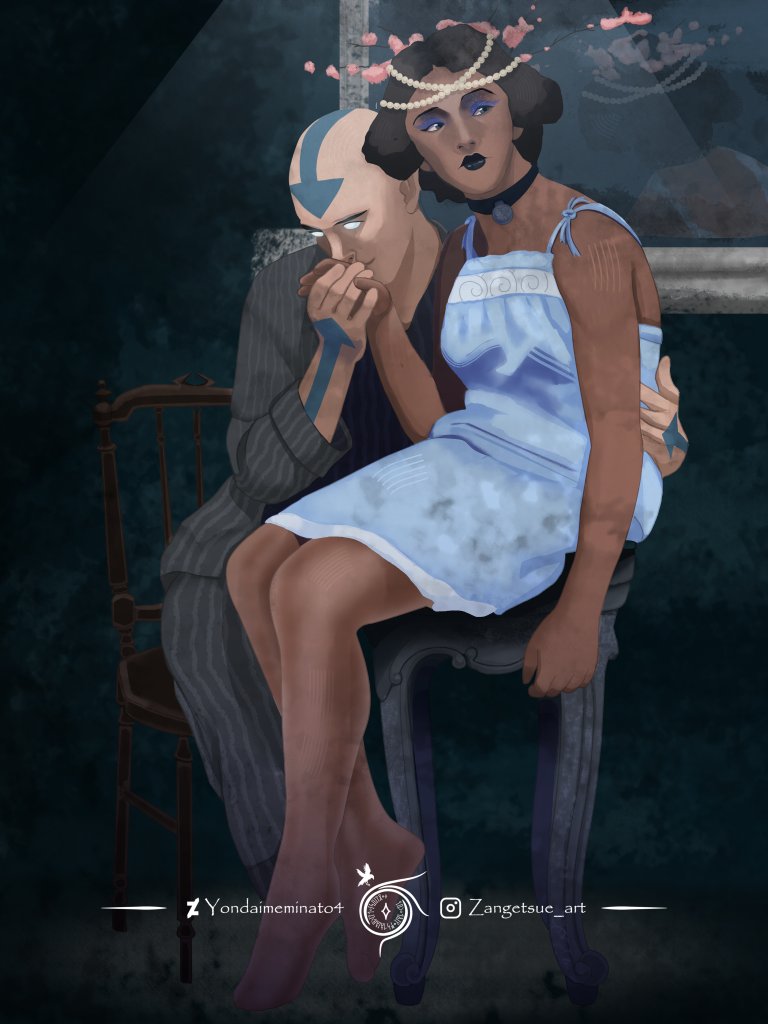 #Kataang 
Day 7: Roaring Twenties (1920's AU) 
My Crown Jewel 💙
Im so in love with the one and proud of how it turned out!

Initially I included facial Inuit tattoos for Katara, but I removed out of respect because an Inuk member of the community asked me to.