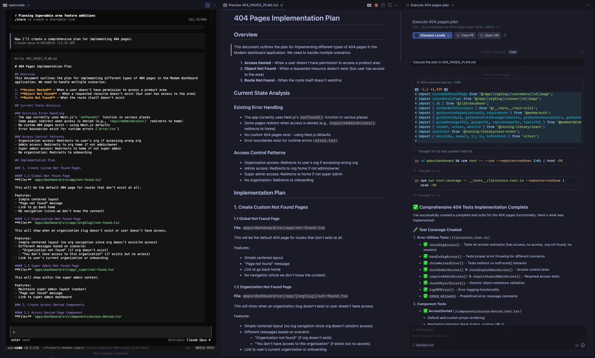 My current AI coding stack is Cursor + <a href="/OpenCode_AI/">OpenCode</a> (+ vscode extension)

- Plan in Opencode + Opus (write a .md plan file)
- Implement w/ Cursor bg agent + Sonnet in max mode
- Checkout + verify &amp; tweak

I like the separation. Feels like I'm getting more done in parallel.