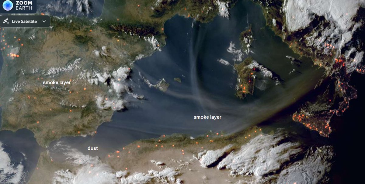 WED_explorer's tweet photo. A striking mix of smoke and #SaharanDust over the Mediterranean — #wildfires in Spain &amp; Portugal fueling thick plumes, merging with North African #dust. The result? A murky layer stretching across southern #Europe. A vivid reminder of how multiple crises collide above us. https://t.co/M9QUXw6ZfE