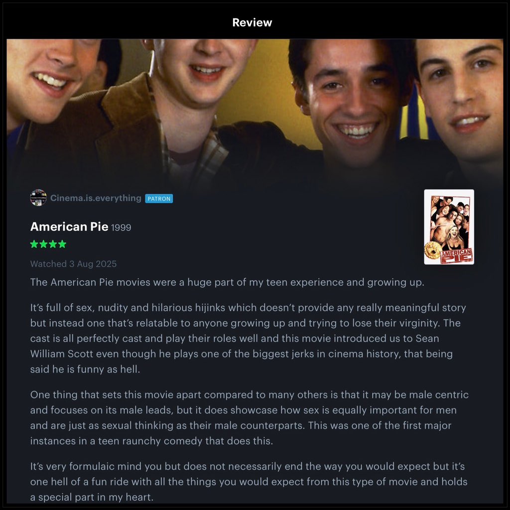 Cinema_Every's tweet image. American Pie (1999) Review 

#americanpie #jasonbiggs #seanwilliamscott #alyssonhannigan #shannonelizabeth #letterboxdreview #letterboxd #moviereview #filmreview #movies #film #cinema #viral #trending #fyp #foryoupage #movietok #filmtok