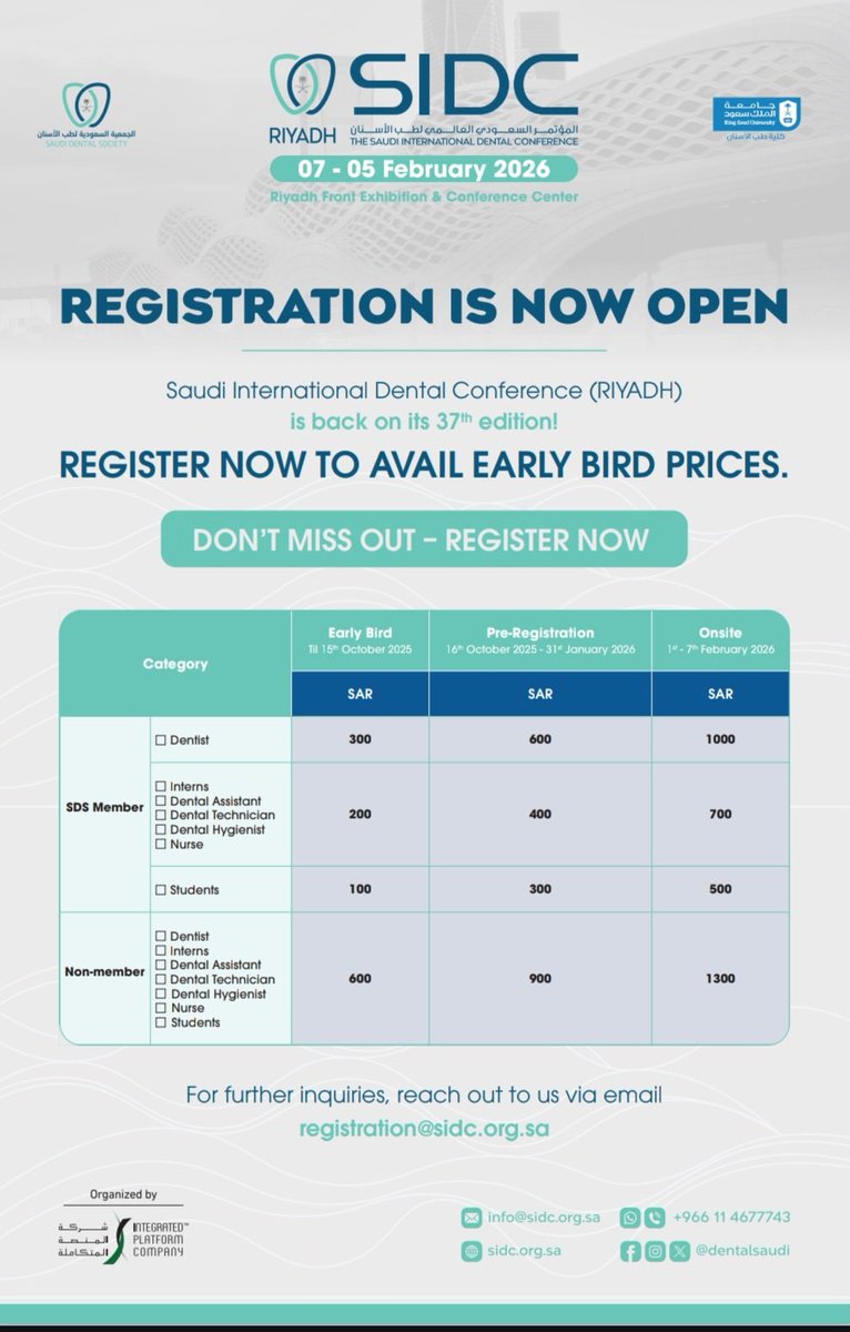 🚨 Registration is NOW OPEN!

Join the 37th edition of the Saudi International Dental Conference (SIDC 2026)

📅 February 5–7, 2026
📍 Riyadh Front Exhibition &amp; Conference Center

A must-attend event for all dental professionals!
Don’t miss out on insightful lectures, hands-on