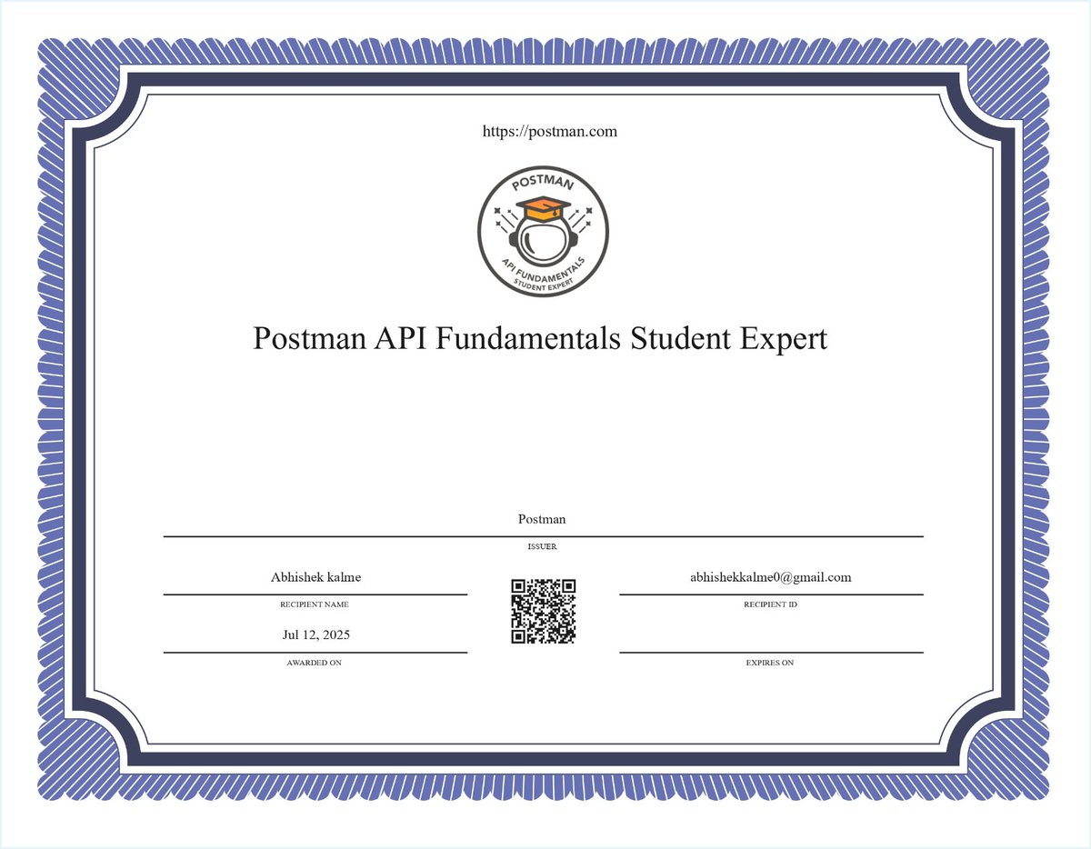 Abhishek_kalme's tweet image. Just got certified as a #Postman API Fundamentals Student Expert! 🚀
Leveled up my Postman skills with scripting, codegen & more.
Thanks @Aanchalmishra__ & @getpostman !
#PostmanStudent #GSSOC25