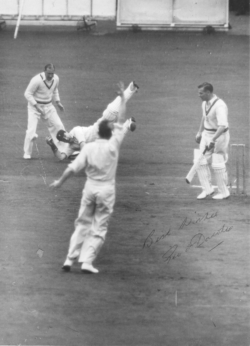 On This Day in 1954 <a href="/Derbyshire/">Derbyshire</a> began a three day game against Middlesex at Chesterfield. 

Only 36.4 overs were possible on the opening day as Middlesex made 32 for four, including this wicket of Syd Brown caught by George Dawkes off Gliff Gladwin. 

No further play took place