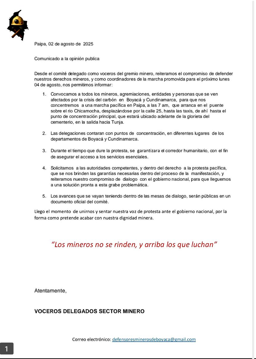 Los mineros de Boyacá hacen un llamado de atención al Gobierno Petro q poco a poco ha venido acabando y maltratando a los pequeños mineros de Boyacá. Vienen matando el empleo de cientos de miles de familias del departamento.