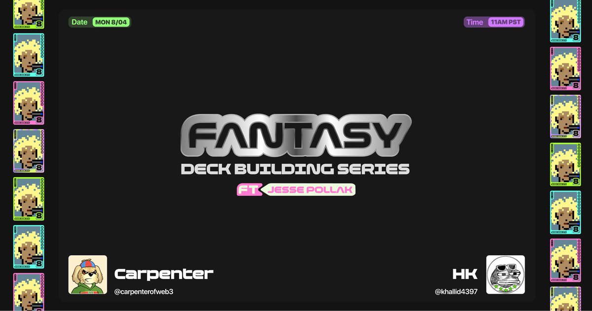fantasy.top (@fantasy_top_) on Twitter photo SPECIAL GUEST <a href="/jessepollak/">jesse.base.eth</a> will be LIVE tomorrow on the Fantasy Deck Building Series at 11AM PST 🟦
Tune in with <a href="/CarpenterOfWeb3/">Carpenter of Web3</a> and <a href="/Khallid4397/">HK</a> as they hit the marketplace, discuss Fantasy Top on <a href="/base/">Base</a>, and help Jesse optimize his decks to max out his rewards! SPECIAL GUEST <a href="/jessepollak/">jesse.base.eth</a> will be LIVE tomorrow on the Fantasy Deck Building Series at 11AM PST 🟦
Tune in with <a href="/CarpenterOfWeb3/">Carpenter of Web3</a> and <a href="/Khallid4397/">HK</a> as they hit the marketplace, discuss Fantasy Top on <a href="/base/">Base</a>, and help Jesse optimize his decks to max out his rewards!