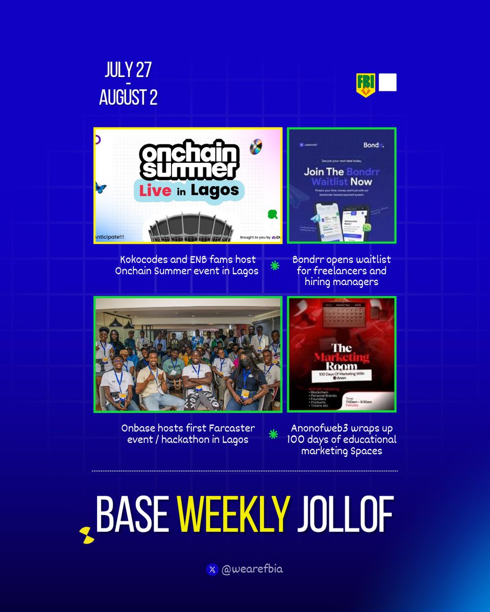 FBI Africa (@wearefbia) on Twitter photo It’s been quite an “EVENTFUL” week for African builders from IRL to virtual events and products with various launches, all on <a href="/base/">Base</a> .
Here’s what went down:
<a href="/EverybNeedsBase/">ENB ECOSYSTEM (enbecosystem.base.eth )🌳</a> Onchain Summer Event
<a href="/DefiDevrel/">DefiDevrel.base.eth</a> + team launch <a href="/usezoracle/">Zoracle</a>
<a href="/Anonofweb3/">ANON 🎭</a> wraps up 100 days of It’s been quite an “EVENTFUL” week for African builders from IRL to virtual events and products with various launches, all on <a href="/base/">Base</a> .
Here’s what went down:
<a href="/EverybNeedsBase/">ENB ECOSYSTEM (enbecosystem.base.eth )🌳</a> Onchain Summer Event
<a href="/DefiDevrel/">DefiDevrel.base.eth</a> + team launch <a href="/usezoracle/">Zoracle</a>
<a href="/Anonofweb3/">ANON 🎭</a> wraps up 100 days of