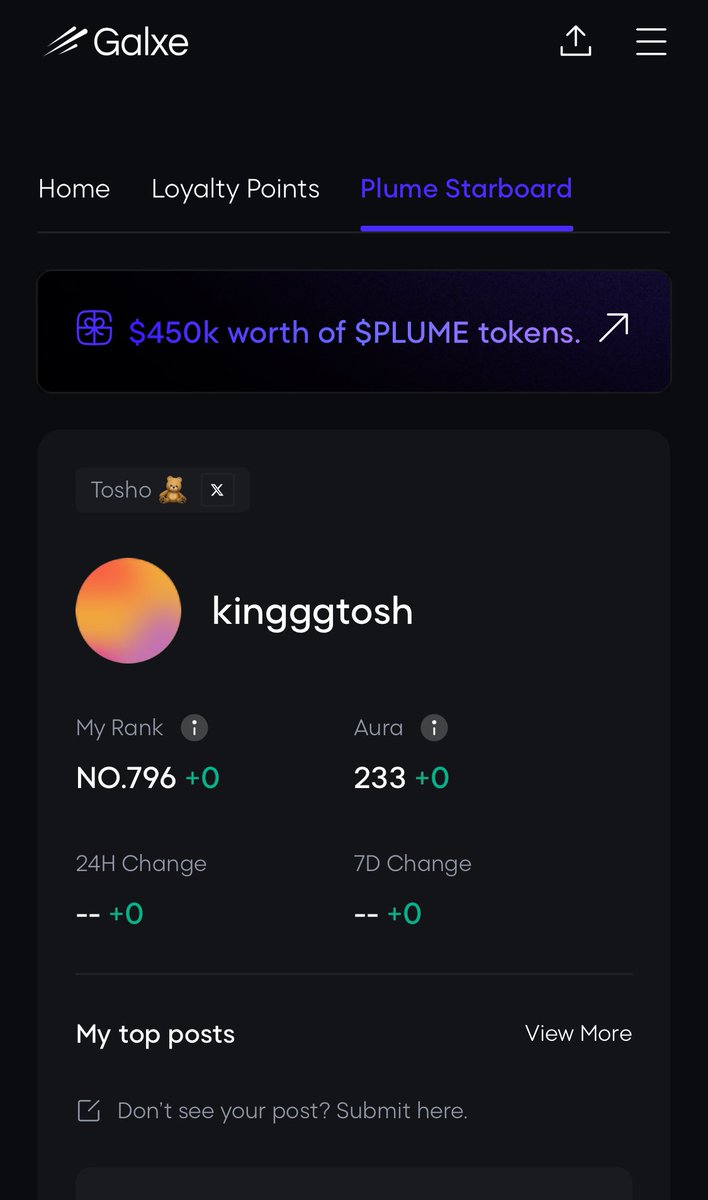 tosho_king's tweet photo. Rank climbing 📈
Aura stacking ⚡️
Top goon still repping @plumenetwork heavy on the Starboard 🚀
Currently sitting at #796 with 233 Aura — Top 100, I’m coming for you 👀🔥
#PlumeNetwork #TopGoon #RWA #CryptoCommunity https://t.co/QBqK2YvdyN
